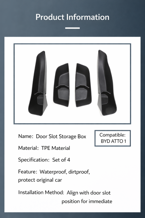 Product information showing BYD ATTO 1 door pocket organizer inserts (set of 4), TPE material door bin storage trays, waterproof and dirtproof interior organiser (Australia)