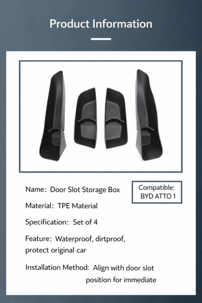 Product information showing BYD ATTO 1 door pocket organizer inserts (set of 4), TPE material door bin storage trays, waterproof and dirtproof interior organiser (Australia)
