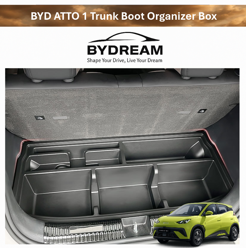 BYD ATTO 1 trunk/boot organizer box installed in the cargo area, multi-compartment storage tray by BYDREAM to keep boot items tidy and separated.