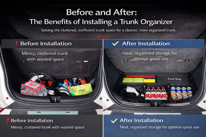 Before and after comparison of BYD ATTO 1 trunk boot organizer showing cluttered cargo area vs neatly divided compartments for bottles, charging cable and tools, improving storage and space use.