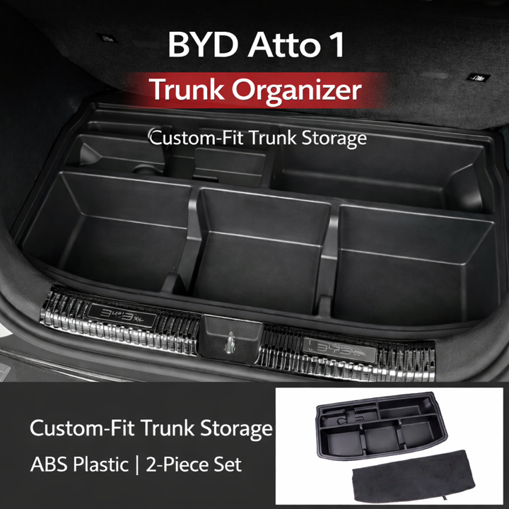 BYD ATTO 1 trunk organizer with custom-fit boot storage compartments, ABS plastic 2-piece set (tray + cover) for tidy cargo area organization and easy access.