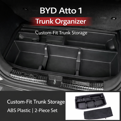 BYD ATTO 1 trunk organizer with custom-fit boot storage compartments, ABS plastic 2-piece set (tray + cover) for tidy cargo area organization and easy access.