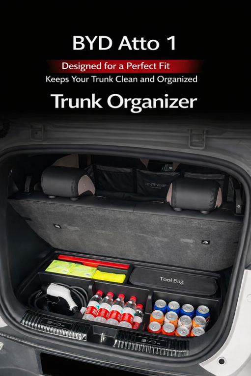 BYD ATTO 1 trunk organizer installed in the boot, custom-fit storage box keeping cargo clean and organized with compartments for charging cable, bottles, drinks and tool bag (BYDREAM).