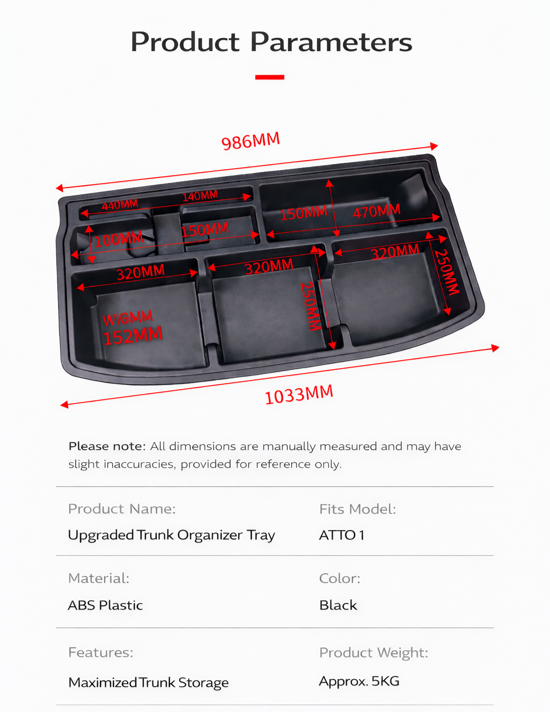 BYD ATTO 1 trunk organizer tray dimensions chart showing overall size (approx. 1033mm x 986mm) and compartment measurements; custom-fit ABS plastic boot storage insert (BYDREAM).