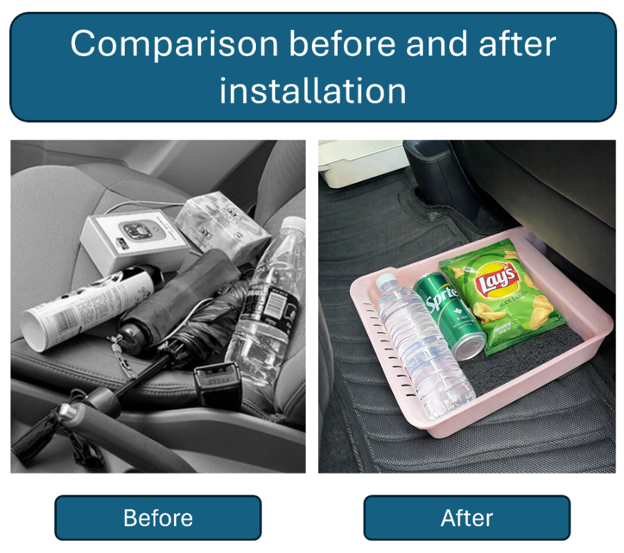 Before and after comparison showing improved interior organisation with under seat storage box for BYD ATTO 1, hidden rear seat organizer tray by BYDream
