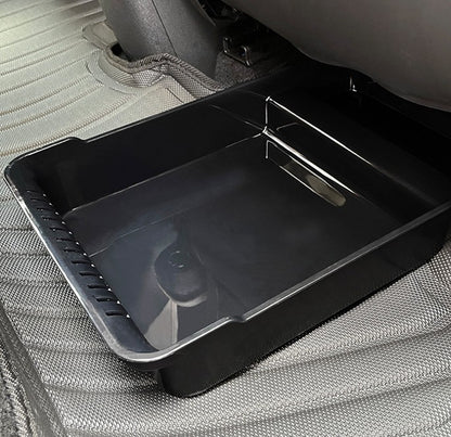 Black under seat storage box installed under the rear seat of BYD ATTO 1, custom fit hidden seat gap organizer showing interior details, BYDream