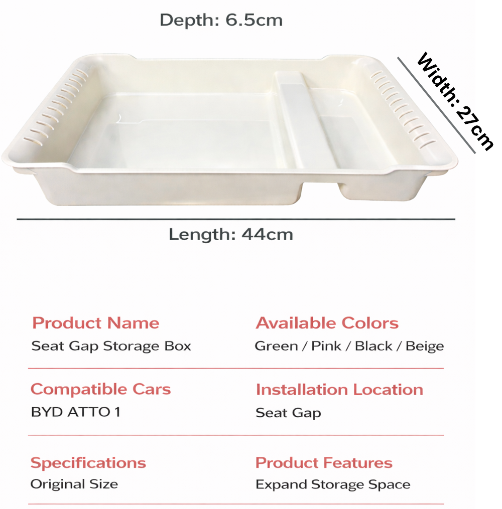 Dimensions of under seat storage box for BYD ATTO 1 showing length 44cm and depth 6.5cm, custom fit seat gap organizer by BYDream