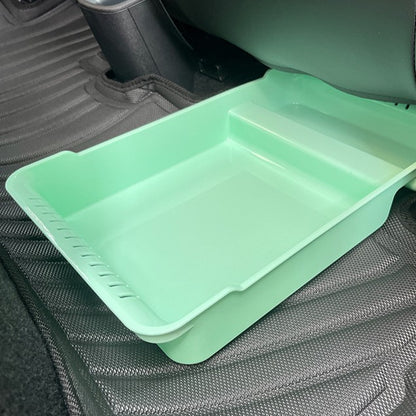 Green under seat storage box installed under the rear seat of BYD ATTO 1, custom fit hidden seat gap organizer tray by BYDream