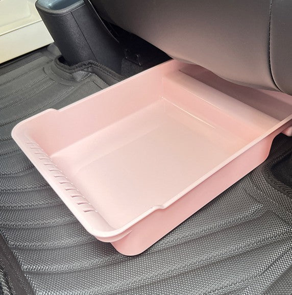 Pink under seat storage box installed under the rear seat of BYD ATTO 1, custom fit hidden seat gap organizer by BYDream