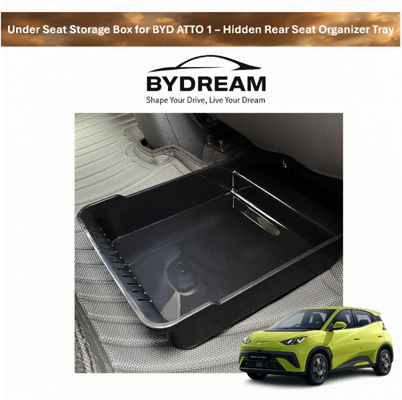 Under seat storage box installed under the rear seat of BYD ATTO 1, hidden rear seat organizer tray for extra storage, BYDream custom fit accessory