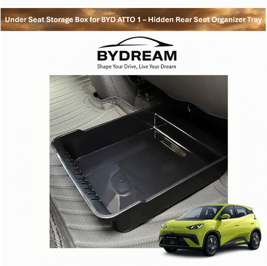 Under seat storage box installed under the rear seat of BYD ATTO 1, hidden rear seat organizer tray for extra storage, BYDream custom fit accessory