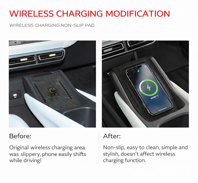 Before and after: BYD ATTO 1 centre console wireless charging area with non-slip silicone pad installed, keeps phone stable and doesn’t affect wireless charging (Australia)