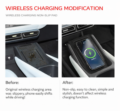 Before and after: BYD ATTO 1 centre console wireless charging area with non-slip silicone pad installed, keeps phone stable and doesn’t affect wireless charging (Australia)