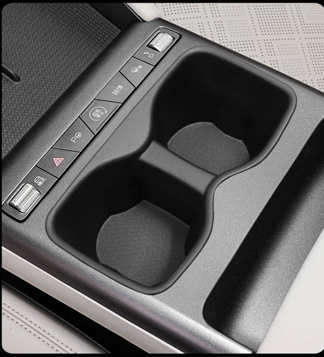 BYD ATTO 2 (2025+) centre console cup holder with non-slip TPE cup holder insert installed, double-slot design with textured base to reduce rattling, protect surfaces and keep drinks secure.