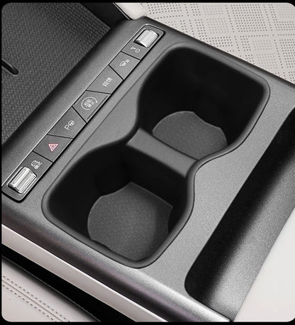 BYD ATTO 2 (2025+) centre console cup holder with non-slip TPE cup holder insert installed, double-slot design with textured base to reduce rattling, protect surfaces and keep drinks secure.