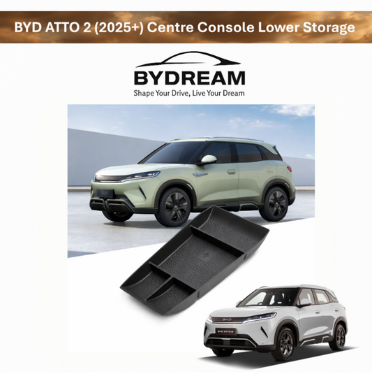 BYD ATTO 2 (2025+) centre console lower storage organiser tray insert by BYDream, shown with BYD ATTO 2/Yuan Up vehicle images and the black console tray.