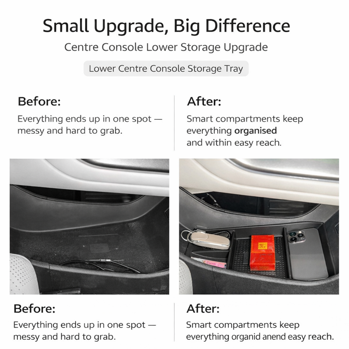 Before-and-after comparison of BYD ATTO 2 (2025+) centre console lower storage tray organiser insert, showing how divided compartments keep keys, phone and small items tidy, separated and easy to reach.