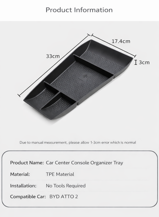 Product information image for BYD ATTO 2 (2025+) centre console lower storage organiser tray insert, showing dimensions 33cm x 17.4cm x 3cm, TPE material, and tool-free installation.