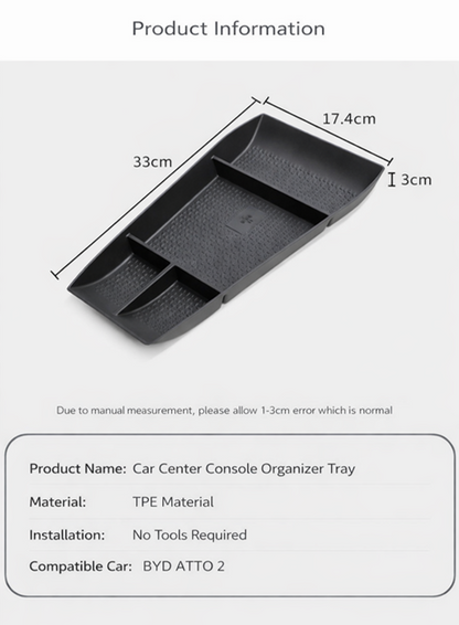 Product information image for BYD ATTO 2 (2025+) centre console lower storage organiser tray insert, showing dimensions 33cm x 17.4cm x 3cm, TPE material, and tool-free installation.