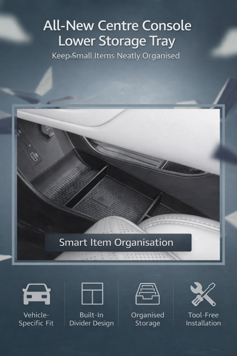 BYD ATTO 2 (2025+) centre console lower storage tray organiser insert shown installed in the lower console area, featuring built-in dividers for organised storage, vehicle-specific fit, and tool-free installation.