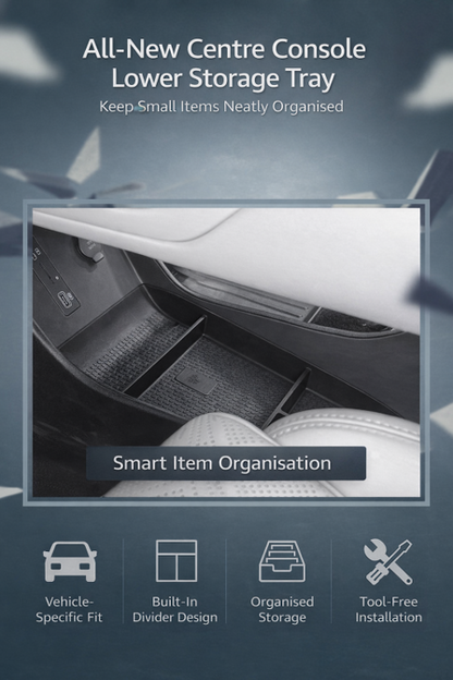 BYD ATTO 2 (2025+) centre console lower storage tray organiser insert shown installed in the lower console area, featuring built-in dividers for organised storage, vehicle-specific fit, and tool-free installation.