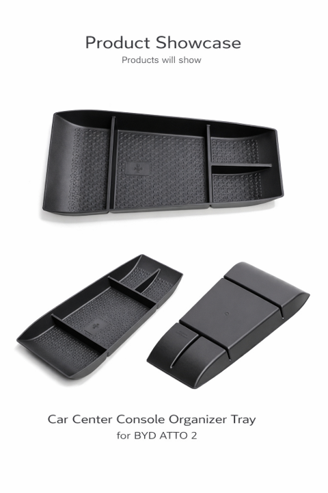Product showcase of BYD ATTO 2 (2025+) centre console organiser tray insert, showing top, angled and underside views of the custom-fit storage compartments with textured anti-slip surface.