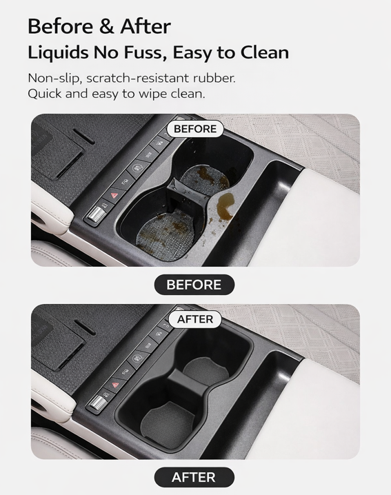 Before-and-after comparison of BYD ATTO 2 (2025+) centre console cup holder with a non-slip cup holder insert—shows liquid spill protection and a clean, wipe-easy surface with scratch-resistant rubber.