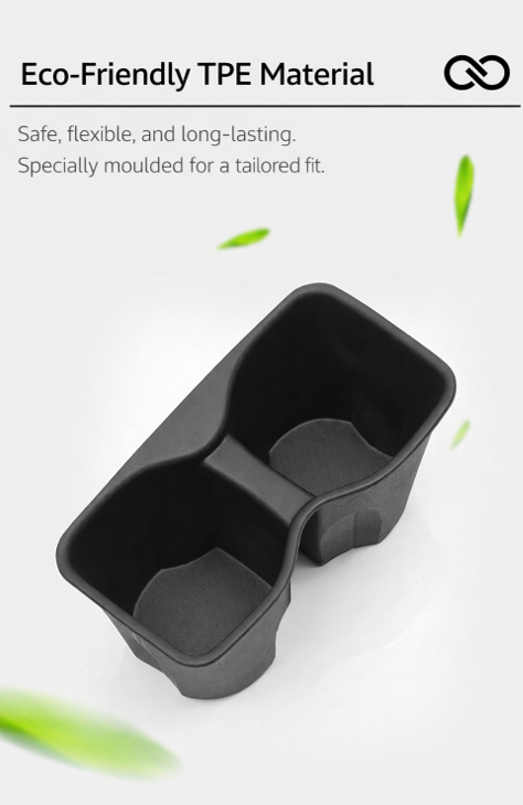 Eco-friendly TPE cup holder insert for BYD ATTO 2 (2025+) showing soft, flexible, long-lasting material with a custom-fit moulded design for the centre console drink holders.