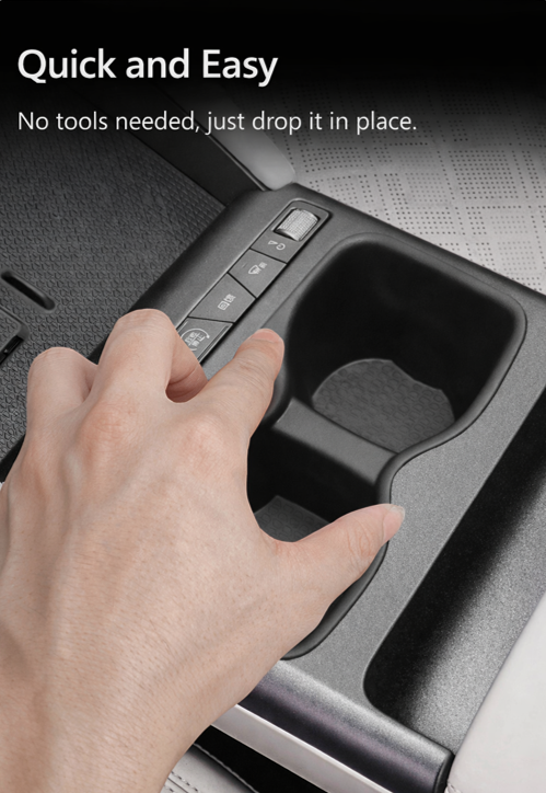Hand placing the non-slip cup holder insert into the BYD ATTO 2 (2025+) centre console—quick, tool-free install that helps keep the cup holders clean and protected.
