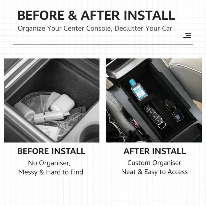 Before and after install comparison of BYDream BYD ATTO 2 (2025+) centre console organiser insert—messy armrest storage box vs neat divided tray for keys, cards and small items.