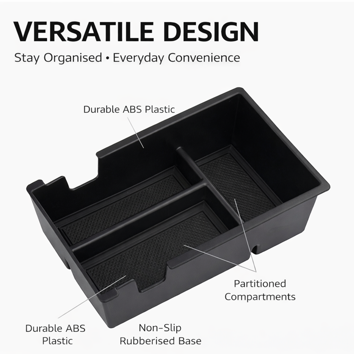 BYDream BYD ATTO 2 (2025+) centre console organiser insert made from durable ABS plastic, with partitioned compartments and a non-slip rubberised base for tidy armrest storage.