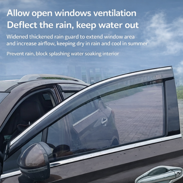 Side view of :contentReference[oaicite:0]{index=0} ATTO 2 (2025+) with window visors/rain guards installed, allowing fresh-air ventilation with windows slightly open while deflecting rain and splashes.