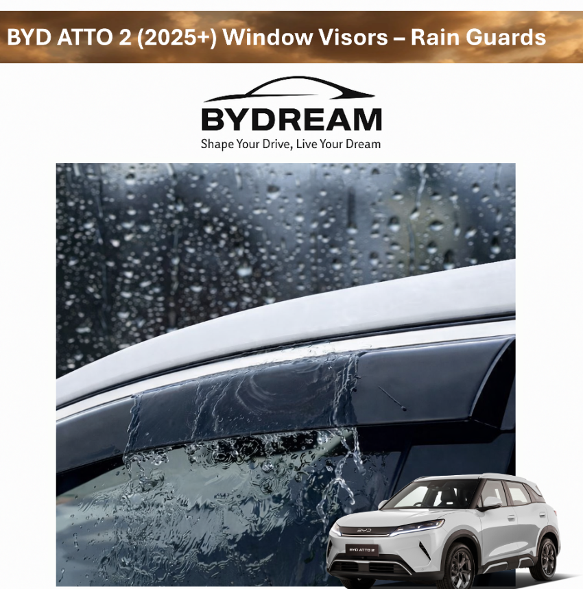 Rain guards/window visors installed on :contentReference[oaicite:0]{index=0} ATTO 2 (2025+), deflecting rainwater for cleaner windows and comfortable ventilation in wet weather.