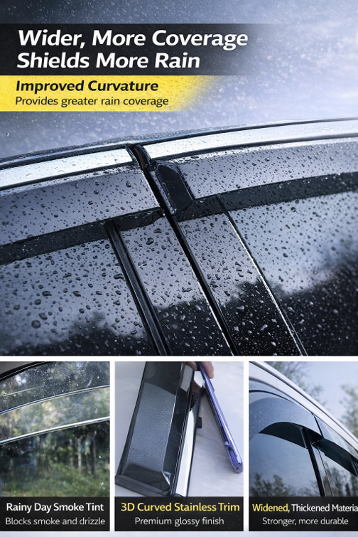 Close-up of :contentReference[oaicite:0]{index=0} ATTO 2 (2025+) window visors/rain guards showing wider coverage and improved curvature to shield more rain, with smoke-tint deflector, 3D curved trim, and thickened durable material.