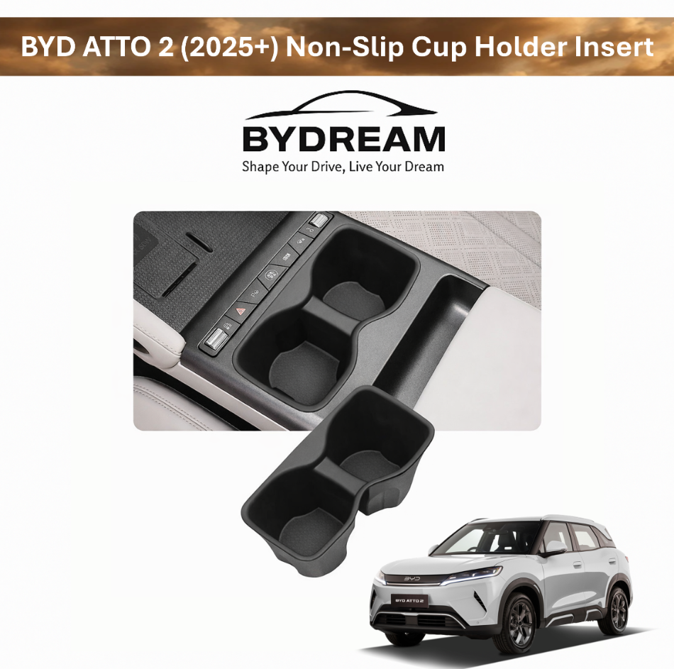 BYD ATTO 2 (Yuan UP) 2025+ non-slip cup holder insert for centre console, custom-fit dual cup tray to reduce rattles and keep drinks secure.
