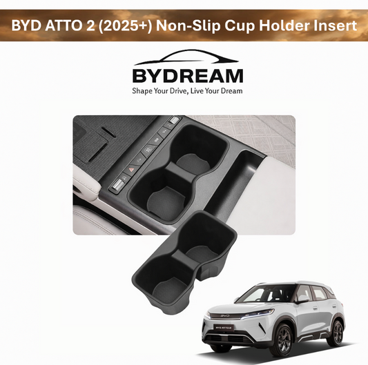 BYD ATTO 2 (Yuan UP) 2025+ non-slip cup holder insert for centre console, custom-fit dual cup tray to reduce rattles and keep drinks secure.