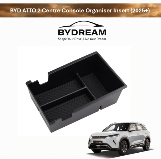BYDream BYD ATTO 2 (2025+) centre console organiser insert – black ABS armrest storage tray with divided compartments for coins, cards, keys and small items