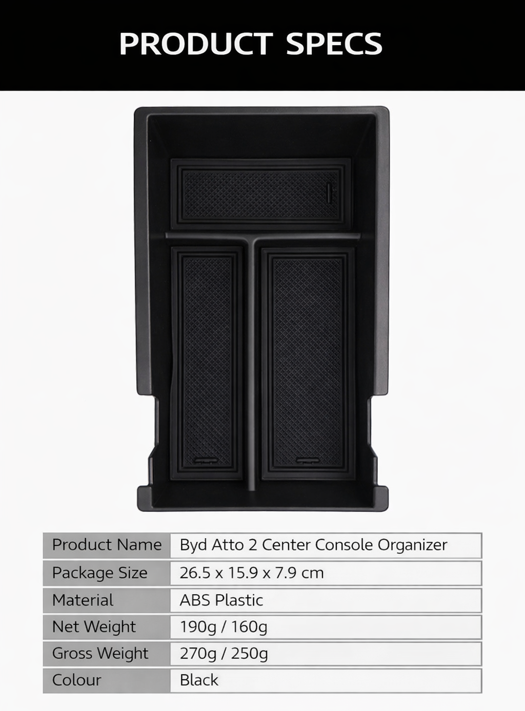 Product specs for BYDream centre console organiser for BYD ATTO 2 (2025+): ABS plastic, black; package size 26.5 × 15.9 × 7.9 cm, net weight 190g/160g, gross weight 270g/250g.