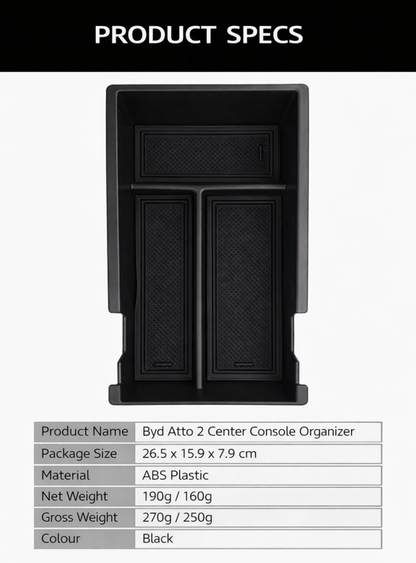 Product specs for BYDream centre console organiser for BYD ATTO 2 (2025+): ABS plastic, black; package size 26.5 × 15.9 × 7.9 cm, net weight 190g/160g, gross weight 270g/250g.