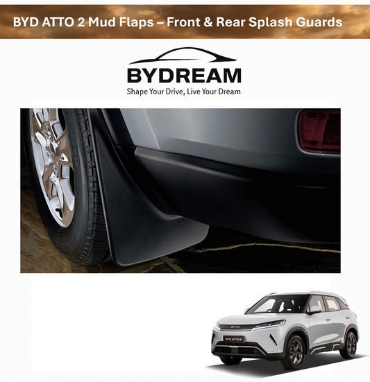 BYD ATTO 2 mud flaps (front & rear splash guards) shown installed behind the wheel, helping reduce mud spray and road grime — BYDREAM Australia.