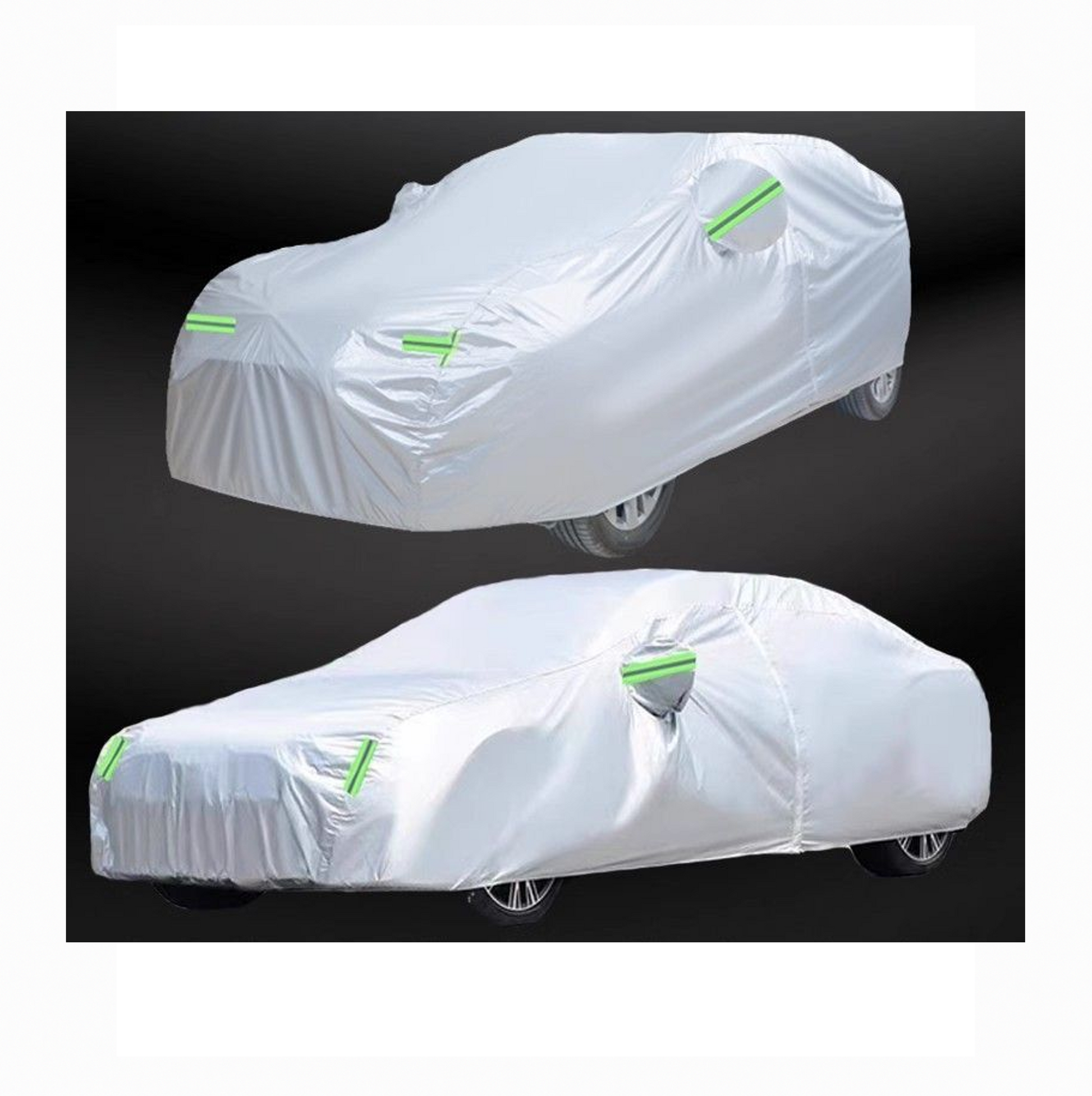 Two views of silver waterproof car cover for BYD ATTO 3, showing side and front angles with green reflective strips.