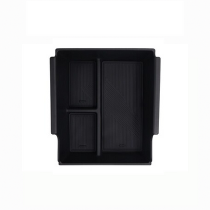 Top view of BYD ATTO 3 center console organizer box showing three separate compartments for small items.