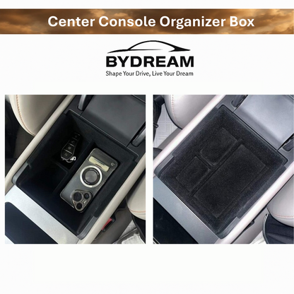 BYD ATTO 3 center console organizer installed in car, shown with car key and items inside, and an empty top view highlighting compartments.