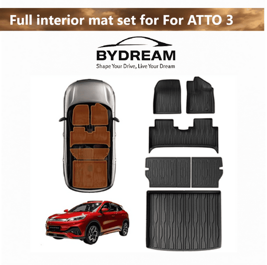 Custom full interior floor and trunk mat set for 2022–2024 BYD ATTO 3, including waterproof liners, seat-back protectors, and upgrade accessories.
