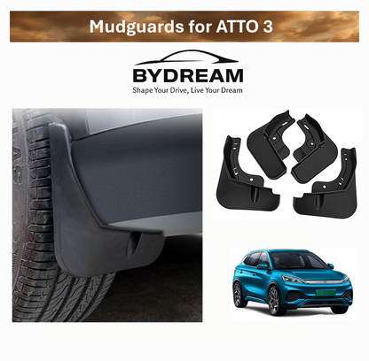 Mudguards for BYD ATTO 3 shown installed behind the wheel, with product parts displayed separately and an image of a blue BYD ATTO 3 vehicle.