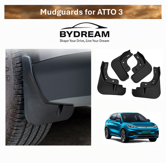Mudguards for BYD ATTO 3 shown installed behind the wheel, with product parts displayed separately and an image of a blue BYD ATTO 3 vehicle.