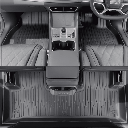 Installed rear floor mat for BYD ATTO 3 showing full-coverage waterproof TPE protection with precision fit.
