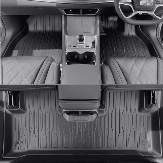 Installed rear floor mat for BYD ATTO 3 showing full-coverage waterproof TPE protection with precision fit.

