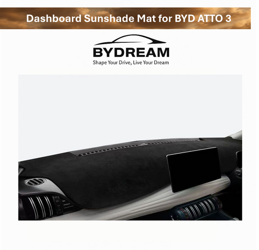 BYD ATTO 3 dashboard sunshade mat installed on car dashboard, showing precise fit and protection