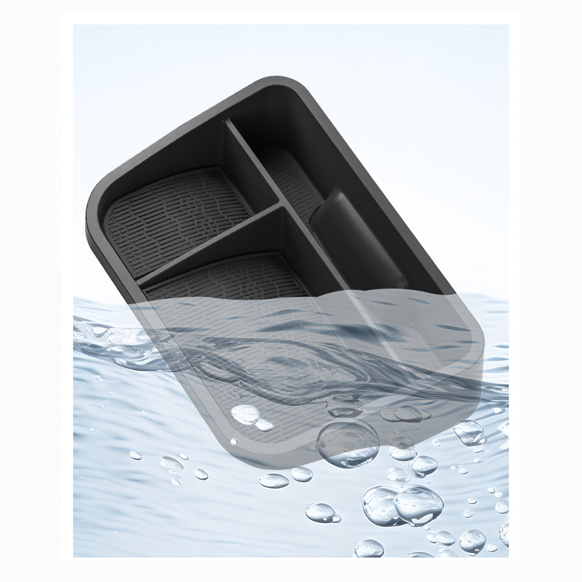 BYD ATTO 3 hidden storage box submerged in water, showcasing waterproof and easy-to-clean design